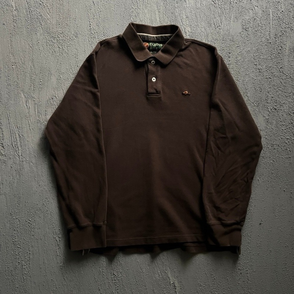 Vintage Roots Athletics Polo Shirt XL Brown 1990s Long Sleeve Embroidered Logo